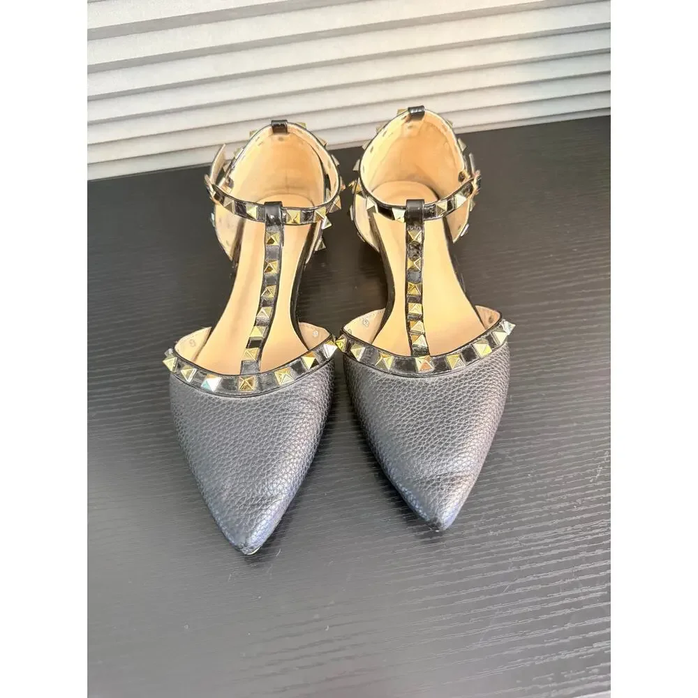 Black Studded T-Strap Pointed Toe Flats Womens EUR 36 Rockstud Style Ankle Strap - Picture 2 of 15